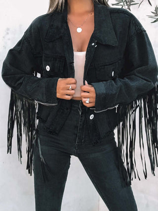 Fringe Button Up Long Sleeve Denim Jacket Divacious