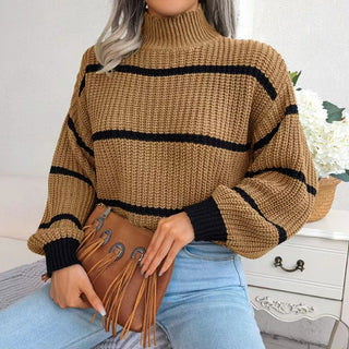 Striped Mock Neck Dropped Shoulder Sweater Divacious