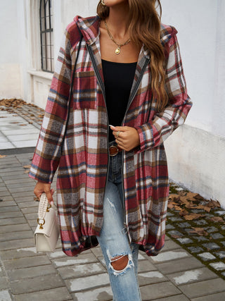 Plaid Zip Up Hooded Coat Divacious