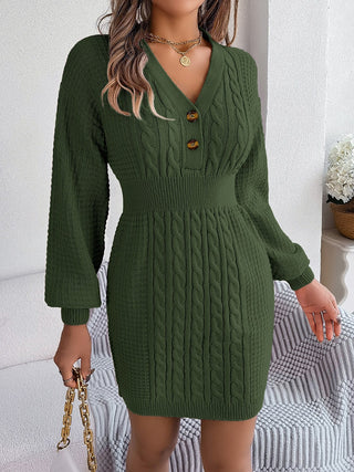 Buttoned Cable-Knit V-Neck Sweater Dress Divacious