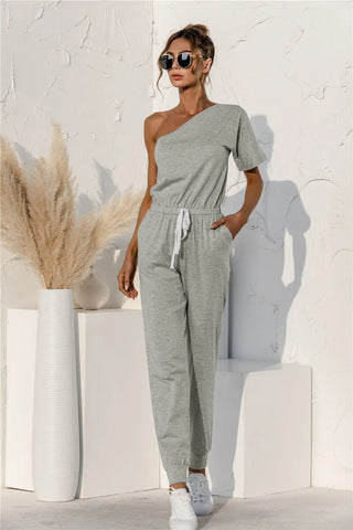 Single Shoulder Short Sleeve Jumpsuit Divacious