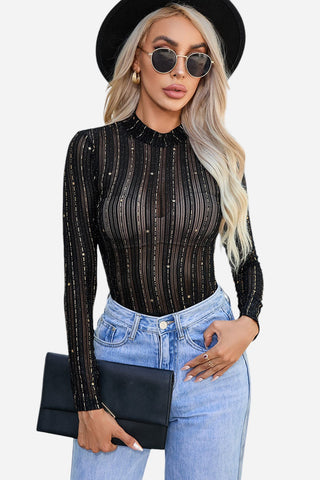 Glitter Round Neck Long Sleeve Semi-Sheer Bodysuit Divacious