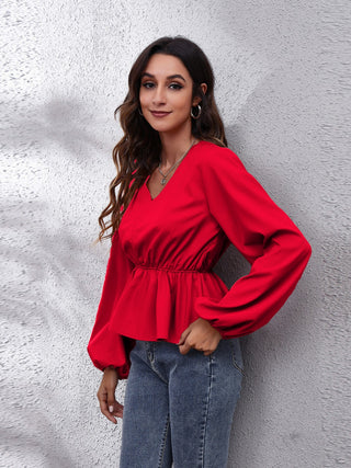 V-Neck Balloon Sleeve Peplum Blouse Divacious