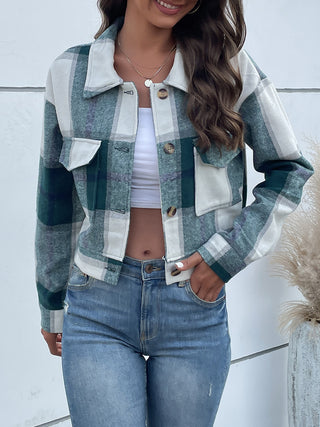 Plaid Button Up Drop Shoulder Cropped Jacket Divacious