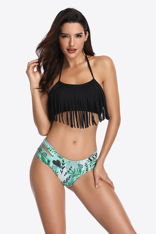 Two-Tone Fringe Trim Tied Bikini Set Divacious