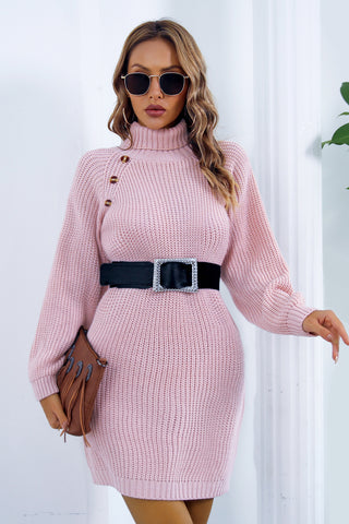 Buttoned Turtleneck Long Sleeve Sweater Dress Divacious