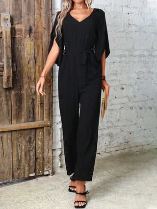 Tied V-Neck Half Sleeve Wide Leg Jumpsuit Divacious