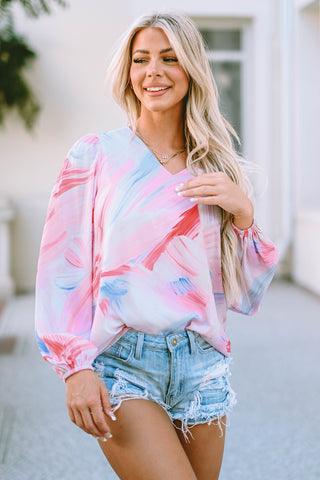 Printed V-Neck Puff Sleeve Blouse Divacious