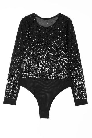 Rhinestone Embellished Mesh Long Sleeve Bodysuit Divacious