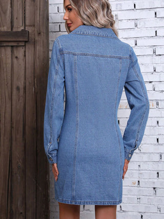 Ruched Button Up Long Sleeve Denim Dress Divacious