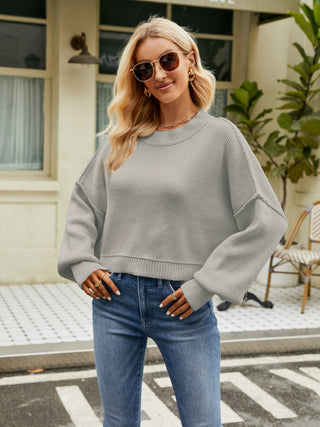 Round Neck Lantern Sleeve Sweater Divacious