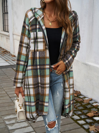 Plaid Zip Up Hooded Coat Divacious