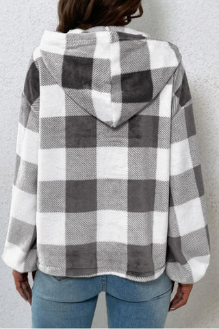 Plaid Quarter Button Dropped Shoulder Hoodie Divacious