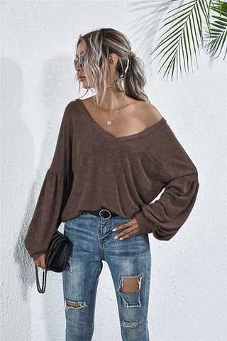 V-Neck Long Sleeve Dropped Shoulder Knit Top Divacious