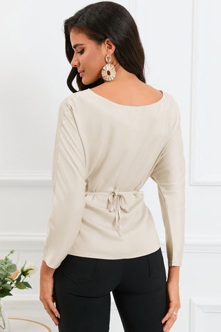 Boat Neck Back Tie Long Sleeve Satin Blouse Divacious