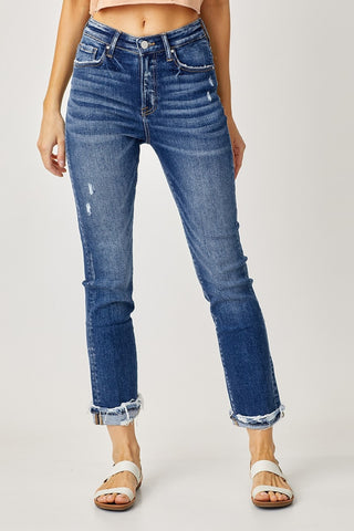 Full Size High-Rise Frayed Cuffed Straight Jeans Divacious