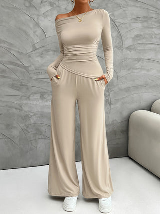 Devine Long Sleeve Top and Wide Leg Pants Set Trendsi