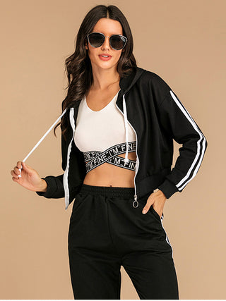 Drawstring Side Stripe Zip Up Hooded Top and Pants Set - Divacious