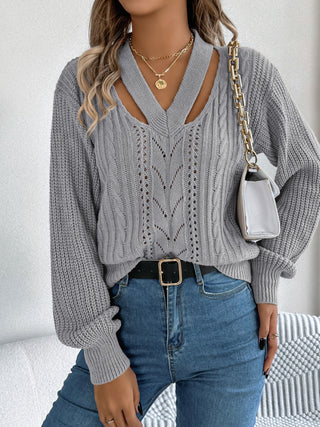 Cutout V-Neck Long Sleeve Sweater - Divacious