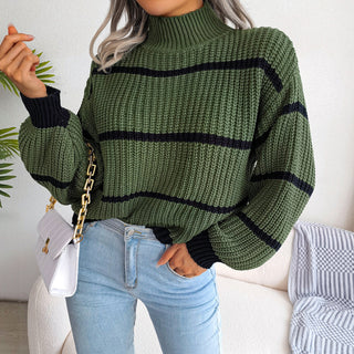 Striped Mock Neck Dropped Shoulder Sweater Divacious