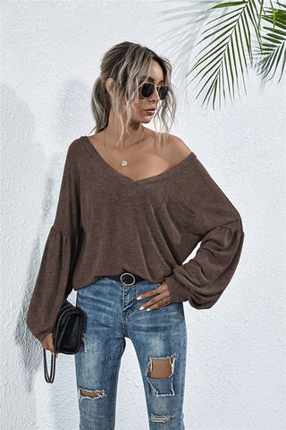 V-Neck Long Sleeve Dropped Shoulder Knit Top Divacious