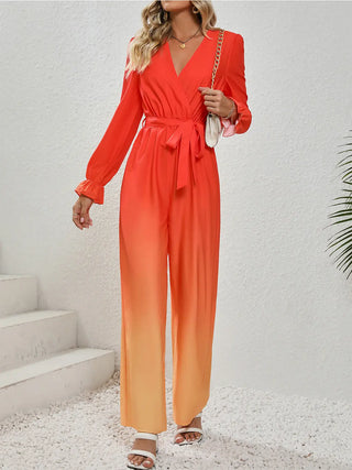 Gradient Tie Front Flounce Sleeve Jumpsuit Divacious