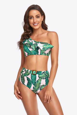 Ruffled One-Shoulder Buckled Bikini Set Divacious