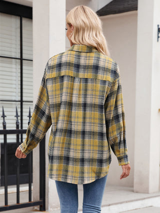 Pocketed Plaid Collared Neck Long Sleeve Shirt Divacious