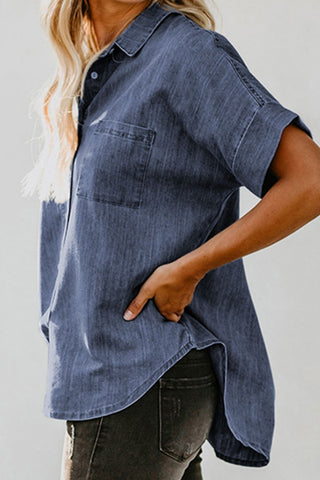 Pocketed Button Up Short Sleeve Denim Shirt Divacious