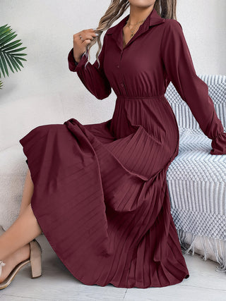 Pleated Half Button Long Sleeve Midi Dress Trendsi