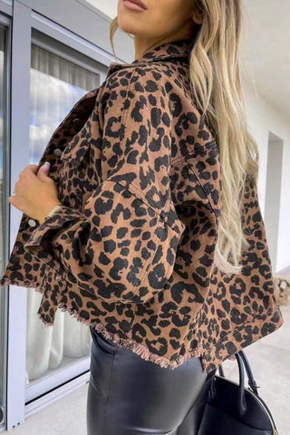 Leopard Raw Hem Denim Jacket Trendsi