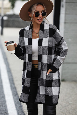 Plaid Dropped Shoulder Cardigan with Pocket Divacious