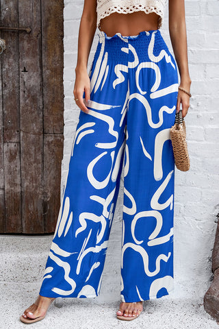 Smocked Printed Wide Leg Pants with Pockets Divacious