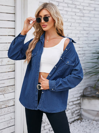 Button Up Collared Neck Denim Jacket Divacious