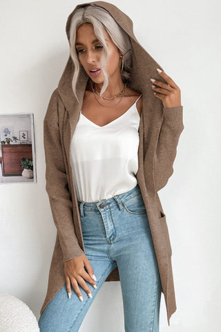 Ribbed Open Front Hooded Cardigan with Pockets Divacious