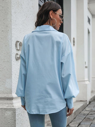 Button Up Dropped Shoulder Lantern Sleeve Shirt Divacious