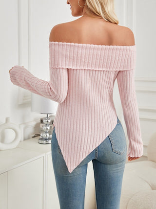 Ribbed Asymmetrical Hem Off-Shoulder Long Sleeve T-Shirt - Divacious