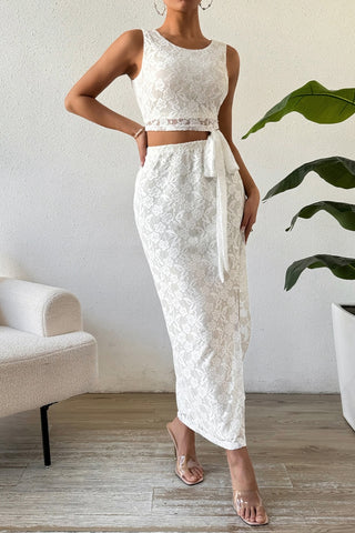 Honey Lace Round Neck Top and Slit Skirt Set Trendsi