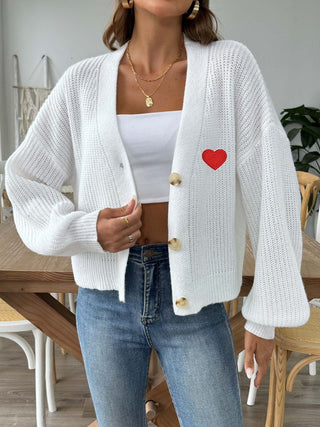 Heart Button Down V-Neck Long Sleeve Cardigan - Divacious