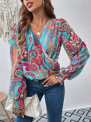 Printed Surplice Smocked Lantern Sleeve Blouse Divacious