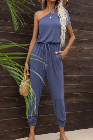 Drawstring Waist One-Shoulder Jumpsuit with Pockets Divacious