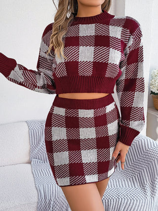 Plaid Round Neck Top and Skirt Sweater Set Trendsi