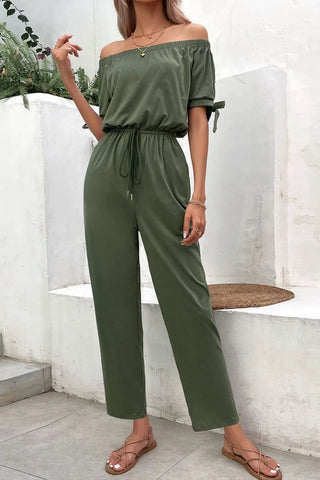 Off-Shoulder Tie Cuff Jumpsuit with Pockets Divacious