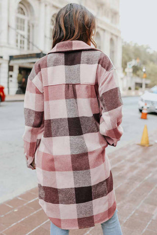 Plaid Button Up Dropped Shoulder Coat Divacious