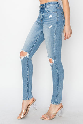 Full Size High Rise Knee Distressed Skinny Jeans Divacious