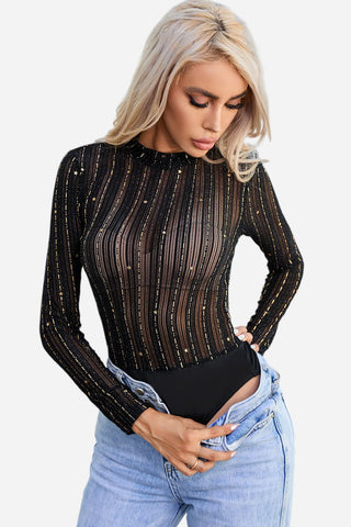 Glitter Round Neck Long Sleeve Semi-Sheer Bodysuit Divacious