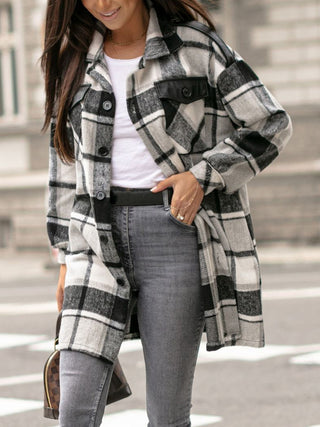 Pocketed Plaid Button Up Dropped Shoulder Shacket Divacious