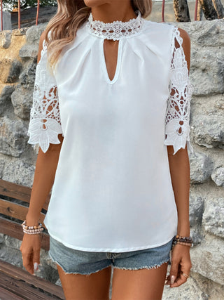 Lace Mock Neck Cold Shoulder Blouse Divacious