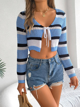 Tied Openwork Long Sleeve Knit Top Divacious