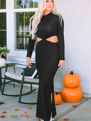 Cutout Round Neck Long Sleeve Slit Maxi Dress Trendsi